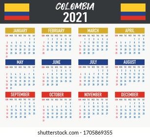 2021 year calendar with national flag of country Colombia. Month, day, week. Colorful palette, trendy, simply design. Vector illustration for web, business, reminder, planner. 