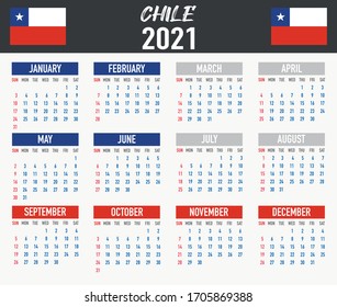 2021 year calendar with national flag of country Chile. Month, day, week. Colorful palette, trendy, simply design. Vector illustration for web, business, reminder, planner. 