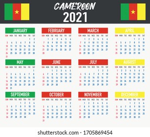 2021 year calendar with national flag of country Cameroon. Month, day, week. Colorful palette, trendy, simply design. Vector illustration for web, business, reminder, planner. 