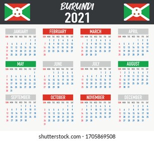 2021 year calendar with national flag of country Burundi. Month, day, week. Colorful palette, trendy, simply design. Vector illustration for web, business, reminder, planner. 