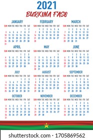 2021 year calendar with national flag of country Burkina Faso. Month, day, week. Colorful palette, trendy, simply design. Vector illustration for web, business, reminder, planner. 
