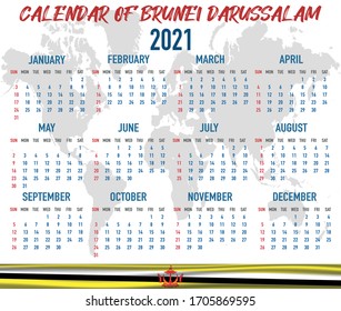 2021 year calendar with national flag of Asian country Brunei. Month, day, week. Colorful palette, trendy, simply design. Vector illustration for web, business, reminder, planner. 