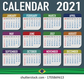2021 year calendar with national flag of American country Brazil. Month, day, week. Colorful palette, trendy, simply design. Vector illustration for web, business, reminder, planner. 
