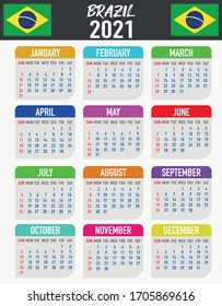 2021 year calendar with national flag of American country Brazil. Month, day, week. Colorful palette, trendy, simply design. Vector illustration for web, business, reminder, planner. 