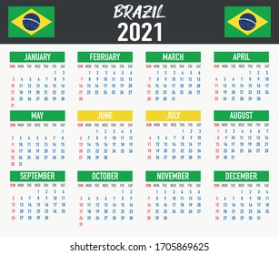 2021 year calendar with national flag of American country Brazil. Month, day, week. Colorful palette, trendy, simply design. Vector illustration for web, business, reminder, planner. 