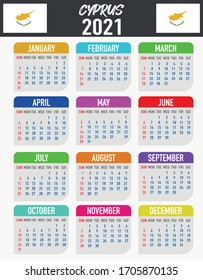 2021 year calendar with national flag of country Cyprus. Month, day, week. Colorful palette, trendy, simply design. Vector illustration for web, business, reminder, planner