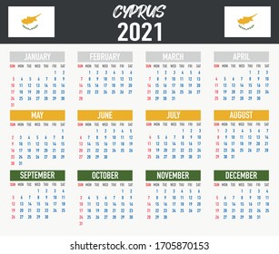 2021 year calendar with national flag of country Cyprus. Month, day, week. Colorful palette, trendy, simply design. Vector illustration for web, business, reminder, planner