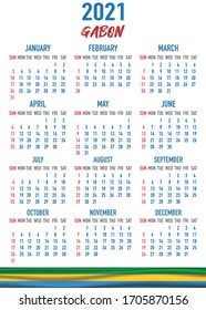 2021 year calendar with national flag of African country Gabon. Month, day, week. Colorful palette, trendy, simply design. Vector illustration for web, business, reminder, planner