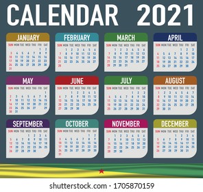 2021 year calendar with national flag of country French Guiana. Month, day, week. Colorful palette, trendy, simply design. Vector illustration for web, business, reminder, planner