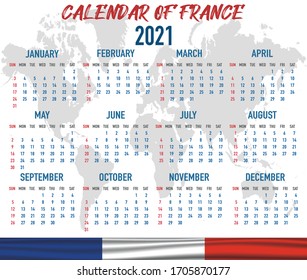 2021 year calendar with national flag of European country France. Month, day, week. Colorful palette, trendy, simply design. Vector illustration for web, business, reminder, planner