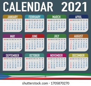 2021 year calendar with national flag of African country Equatorial Guinea. Month, day, week. Colorful palette, trendy, simply design. Vector illustration for web, business, reminder, planner