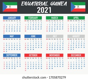 2021 year calendar with national flag of African country Equatorial Guinea. Month, day, week. Colorful palette, trendy, simply design. Vector illustration for web, business, reminder, planner