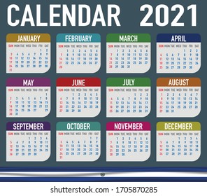 2021 year calendar with national flag of country El Salvador. Month, day, week. Colorful palette, trendy, simply design. Vector illustration for web, business, reminder, planner