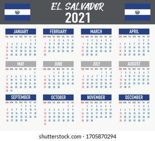 2021 year calendar with national flag of country El Salvador. Month, day, week. Colorful palette, trendy, simply design. Vector illustration for web, business, reminder, planner