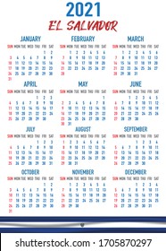 2021 year calendar with national flag of country El Salvador. Month, day, week. Colorful palette, trendy, simply design. Vector illustration for web, business, reminder, planner