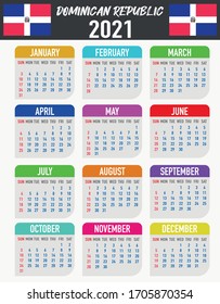 2021 year calendar with national flag of country Dominican Republic. Month, day, week. Colorful palette, trendy, simply design. Vector illustration for web, business, reminder, planner