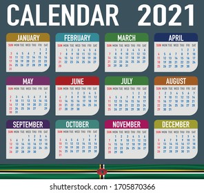 2021 year calendar with national flag of country Dominica. Month, day, week. Colorful palette, trendy, simply design. Vector illustration for web, business, reminder, planner