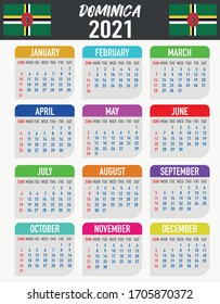 2021 year calendar with national flag of country Dominica. Month, day, week. Colorful palette, trendy, simply design. Vector illustration for web, business, reminder, planner