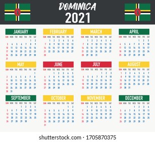 2021 year calendar with national flag of country Dominica. Month, day, week. Colorful palette, trendy, simply design. Vector illustration for web, business, reminder, planner