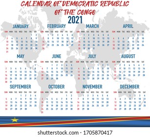 2021 year calendar with national flag of country Democratic Republic of the Congo. Month, day, week. Colorful palette, trendy, simply design. Vector illustration for web, business, reminder, planner
