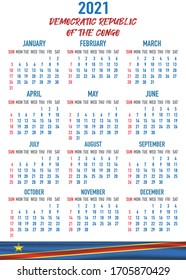 2021 year calendar with national flag of country Democratic Republic of the Congo. Month, day, week. Colorful palette, trendy, simply design. Vector illustration for web, business, reminder, planner