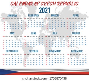 2021 year calendar with national flag of country Czech Republic. Month, day, week. Colorful palette, trendy, simply design. Vector illustration for web, business, reminder, planner