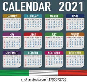2021 year calendar with national flag of country Italy. Month, day, week. Colorful palette, trendy, simply design. Vector illustration for web, business, reminder, planner