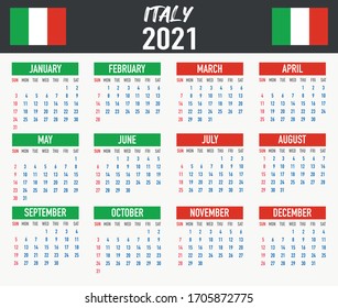 2021 year calendar with national flag of country Italy. Month, day, week. Colorful palette, trendy, simply design. Vector illustration for web, business, reminder, planner