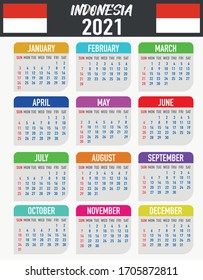 2021 year calendar with national flag of country INDONESIA. Month, day, week. Colorful palette, trendy, simply design. Vector illustration for web, business, reminder, planner