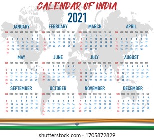 2021 year calendar with national flag of country India. Month, day, week. Colorful palette, trendy, simply design. Vector illustration for web, business, reminder, planner