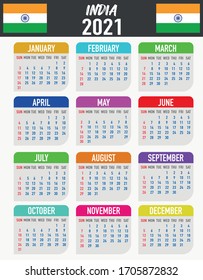 2021 year calendar with national flag of country India. Month, day, week. Colorful palette, trendy, simply design. Vector illustration for web, business, reminder, planner