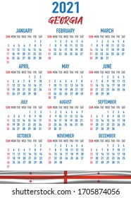 2021 year calendar with national flag of country Georgia. Month, day, week. Colorful palette, trendy, simply design. Vector illustration for web, business, reminder, planner