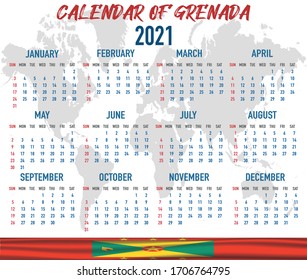 2021 year calendar with national flag of country Grenada. Month, day, week. Colorful palette, trendy, simply design. Vector illustration for web, business, reminder, planner