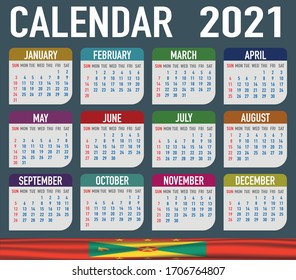 2021 year calendar with national flag of country Grenada. Month, day, week. Colorful palette, trendy, simply design. Vector illustration for web, business, reminder, planner