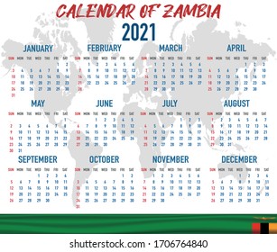 2021 year calendar with national flag of country Zambia. Month, day, week. Colorful palette, trendy, simply design. Vector illustration for web, business, reminder, planner