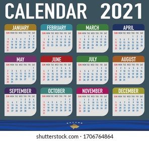 2021 year calendar with national flag of country Kosovo. Month, day, week. Colorful palette, trendy, simply design. Vector illustration for web, business, reminder, planner