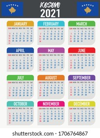 2021 year calendar with national flag of country Kosovo. Month, day, week. Colorful palette, trendy, simply design. Vector illustration for web, business, reminder, planner