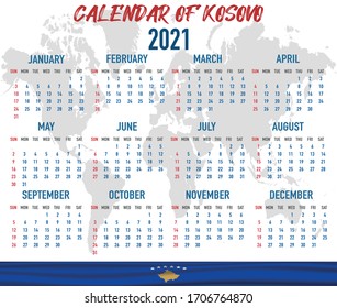 2021 year calendar with national flag of country Kosovo. Month, day, week. Colorful palette, trendy, simply design. Vector illustration for web, business, reminder, planner