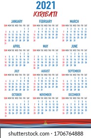 2021 year calendar with national flag of country Kiribati. Month, day, week. Colorful palette, trendy, simply design. Vector illustration for web, business, reminder, planner