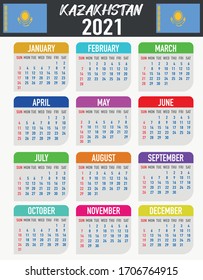 2021 year calendar with national flag of country Kazakhstan. Month, day, week. Colorful palette, trendy, simply design. Vector illustration for web, business, reminder, planner