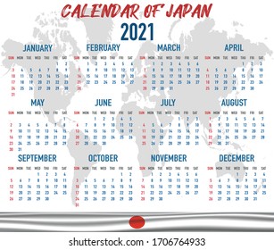 2021 year calendar with national flag of country Japan. Month, day, week. Colorful palette, trendy, simply design. Vector illustration for web, business, reminder, planner