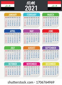 2021 year calendar with national flag of country IRAQ. Month, day, week. Colorful palette, trendy, simply design. Vector illustration for web, business, reminder, planner