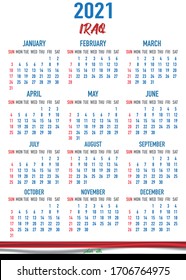 2021 year calendar with national flag of country IRAQ. Month, day, week. Colorful palette, trendy, simply design. Vector illustration for web, business, reminder, planner
