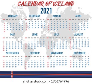 2021 year calendar with national flag of country Iceland. Month, day, week. Colorful palette, trendy, simply design. Vector illustration for web, business, reminder, planner
