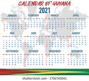 2021 year calendar with national flag of country Guyana. Month, day, week. Colorful palette, trendy, simply design. Vector illustration for web, business, reminder, planner