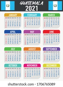 2021 year calendar with national flag of country Guatemala. Month, day, week. Colorful palette, trendy, simply design. Vector illustration for web, business, reminder, planner