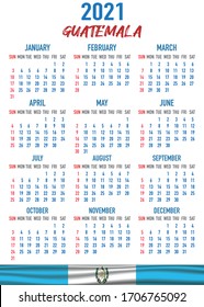 2021 year calendar with national flag of country Guatemala. Month, day, week. Colorful palette, trendy, simply design. Vector illustration for web, business, reminder, planner