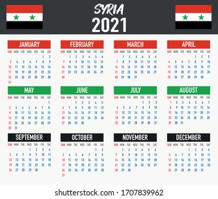 2021 year calendar with national flag of country Syria. Month, day, week. Colorful palette, trendy, simply design. Vector illustration for web, business, reminder, planner