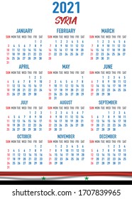 2021 year calendar with national flag of country Syria. Month, day, week. Colorful palette, trendy, simply design. Vector illustration for web, business, reminder, planner