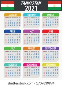 2021 year calendar with national flag of country Tajikistan. Month, day, week. Colorful palette, trendy, simply design. Vector illustration for web, business, reminder, planner